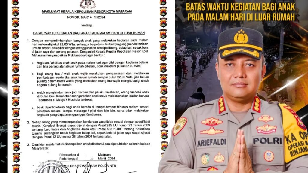 Maklumat pembatasan jam malam bagi anak di wilayah hukum Polresta Mataram.