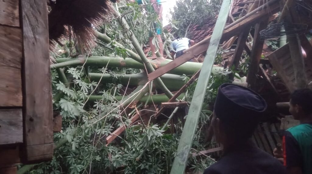 – Satu rumah warga di Desa Pai Kecamatan Wera Kabupaten Bima tertimpa pohon tumbang, Kamis (14/3/2024).