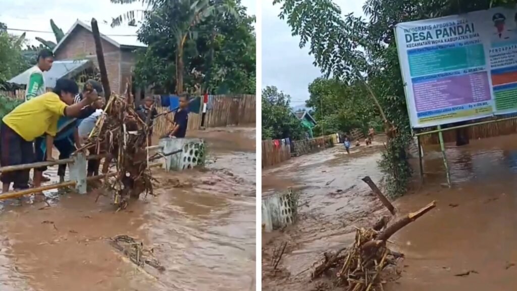 Desa Pandai Kecamatan Woha Kabupaten Bima diterjang banjir bandang, Senin sore (8/4/2024).