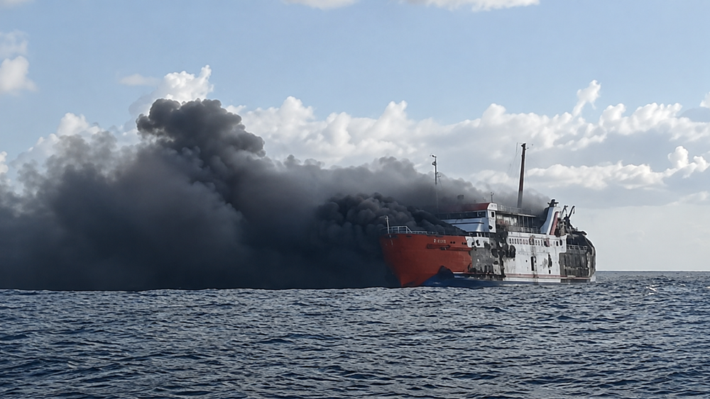 KMP Putri Yasmin terbakar di perairan Selat Lombok, Rabu (12/8/2026). Insiden tersebut menyebabkan satu korban meninggal dunia dan memicu operasi evakuasi penumpang serta awak kapal. Foto: Istimewa
