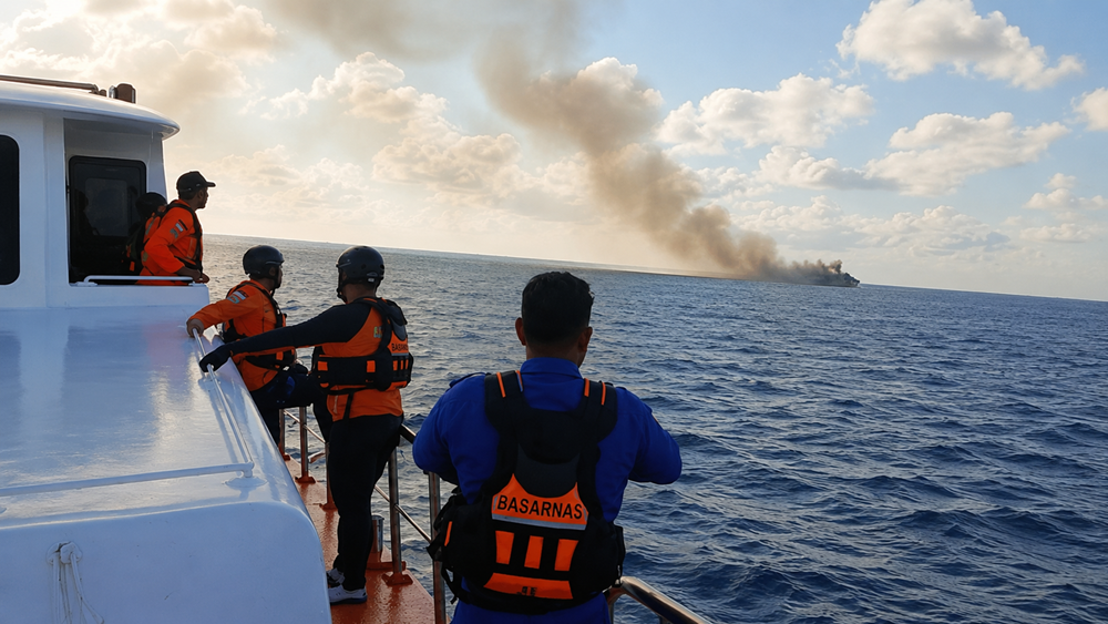 Personel Basarnas dalam operasi penanganan kebakaran KMP Putri Yasmin di Selat Lombok, Rabu (12/8/2026). Foto: Polres Lombok Barat