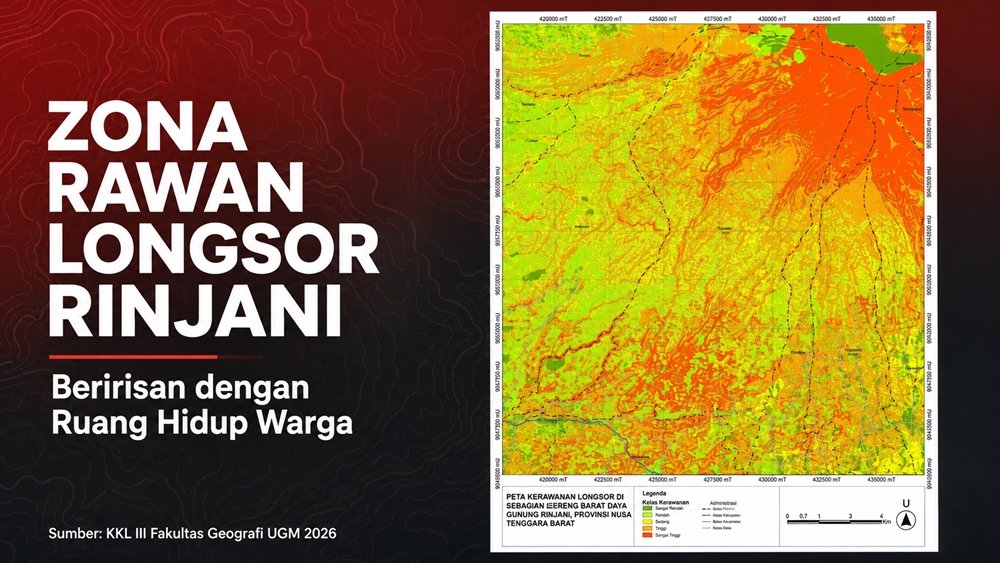 Peta kerawanan fisik longsor pascalapangan di sebagian lereng barat daya Gunung Rinjani. Zona kerawanan tinggi dan sangat tinggi menunjukkan kondisi fisik yang lebih mendukung terjadinya longsor, bukan kepastian bahwa longsor akan terjadi. (Sumber: KKL III Fakultas Geografi UGM 2026)