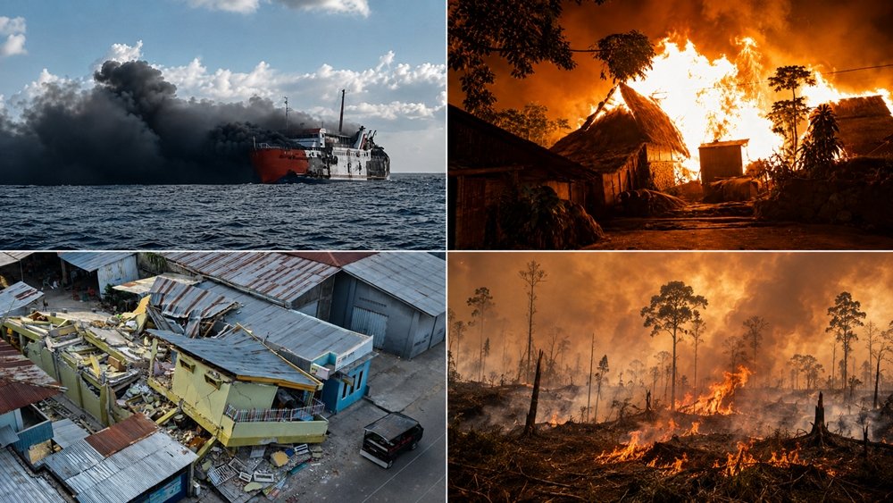 Kolase sejumlah musibah yang terjadi sepanjang Agustus 2026, mulai dari kebakaran KMP Putri Yasmin di Selat Lombok, gempa besar di Nusa Tenggara Timur, kebakaran hutan dan lahan di Kalimantan, hingga kebakaran Desa Adat Sade di Lombok Tengah.