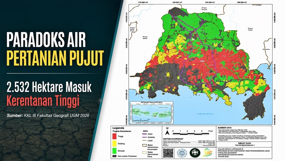 Peta kerentanan fisik kekeringan lahan pertanian di Kecamatan Pujut. Warna merah menunjukkan kelas kerentanan tinggi, kuning sedang, hijau rendah, sedangkan abu-abu merupakan area nonpertanian. (Sumber: Laporan KKL III Fakultas Geografi UGM 2026)