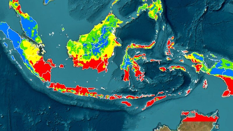 Peta tingkat kemudahan terbakar di Indonesia yang menunjukkan sebagian besar wilayah NTB berada pada kategori merah atau sangat mudah terbakar, Kamis (14/8/2026). Foto: Tangkapan layar/BMKG