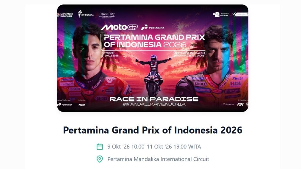 Tangkapan layar halaman pemesanan tiket Pertamina Grand Prix of Indonesia 2026 yang dijadwalkan berlangsung pada 9–11 Oktober 2026 di Sirkuit Mandalika, Lombok Tengah. (Foto: Tangkapan layar)