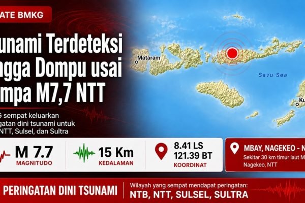 Peta gempa M7,7 di wilayah Nagekeo, NTT yang memicu peringatan dini tsunami hingga sejumlah wilayah NTB, Sabtu (15/8/2026). Foto: BMKG