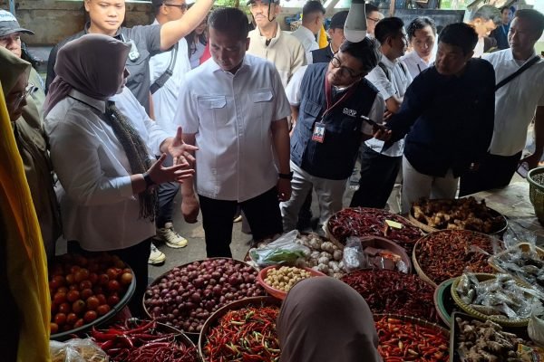 Gubernur NTB, Lalu Muhamad Iqbal, Bapanas dan jajaran pemprov NTB saat mengecek harga caba di Pasar Tanjung. (Foto. kicknews.today/Anggi)