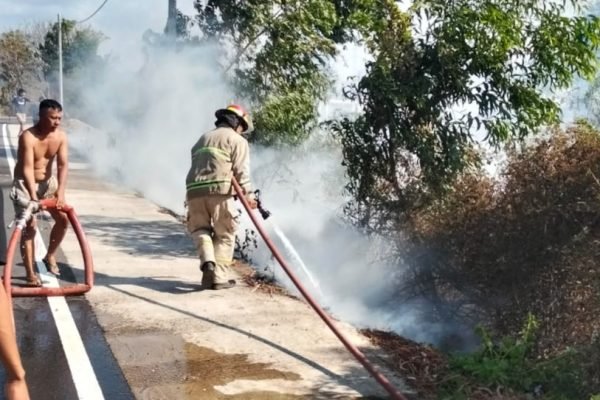 Tim Damkar KLU dibantu warga saat memadamkan api di salah satu lahan yang ada di Kecamatan Bayan. (Foto. kicknews.today/Ist)