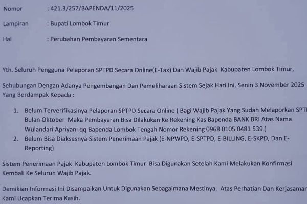 Lembar surat palsu mengatasnamakan Bapenda Lombok Timur. Foto. Dok. Bapenda