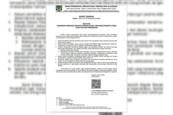 Surat Edaran yang dikeluarkan Dikbudpora KLU. (Foto. kicknews.today/Ist)
