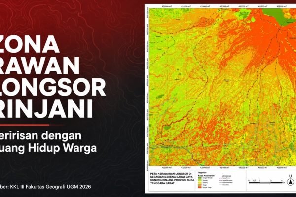 Peta kerawanan fisik longsor pascalapangan di sebagian lereng barat daya Gunung Rinjani. Zona kerawanan tinggi dan sangat tinggi menunjukkan kondisi fisik yang lebih mendukung terjadinya longsor, bukan kepastian bahwa longsor akan terjadi. (Sumber: KKL III Fakultas Geografi UGM 2026)
