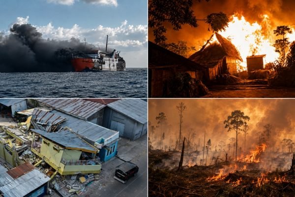 Kolase sejumlah musibah yang terjadi sepanjang Agustus 2026, mulai dari kebakaran KMP Putri Yasmin di Selat Lombok, gempa besar di Nusa Tenggara Timur, kebakaran hutan dan lahan di Kalimantan, hingga kebakaran Desa Adat Sade di Lombok Tengah.