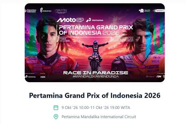Tangkapan layar halaman pemesanan tiket Pertamina Grand Prix of Indonesia 2026 yang dijadwalkan berlangsung pada 9–11 Oktober 2026 di Sirkuit Mandalika, Lombok Tengah. (Foto: Tangkapan layar)