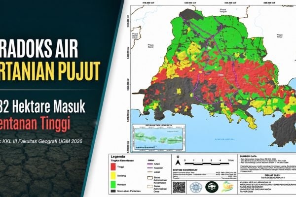 Peta kerentanan fisik kekeringan lahan pertanian di Kecamatan Pujut. Warna merah menunjukkan kelas kerentanan tinggi, kuning sedang, hijau rendah, sedangkan abu-abu merupakan area nonpertanian. (Sumber: Laporan KKL III Fakultas Geografi UGM 2026)