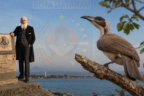 Ilustrasi koak kaok, lambang Kota Mataram dan jejak Alfred Russel Wallace di Ampenan. Di tengah HUT ke-33 Kota Mataram, keberadaan burung yang menjadi bagian dari lambang kota menghadirkan pertanyaan tentang ruang hidup satwa di tengah perkembangan kota.