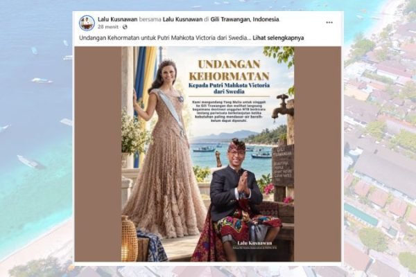Ketua Gili Hotels Association, Lalu Kusnawan mengunggah undangan terbuka kepada Putri Mahkota Victoria dari Swedia untuk melihat krisis air bersih di Gili Trawangan, Sabtu (5/9/2026). (Foto: Tangkapan layar Facebook Lalu Kusnawan)